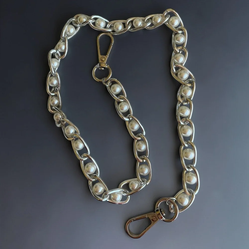 Bag Long Pearl Chain Strap 32.5” Silver Luxe Coquette Elegant Statement Purse